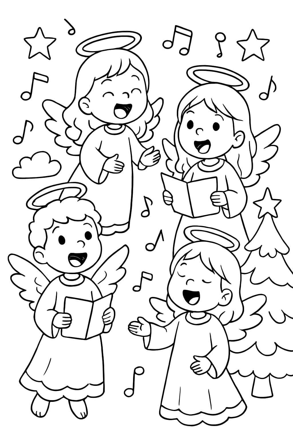 Kinder und Mädchen verkleidet als Engel, die Weihnachtslieder singen
