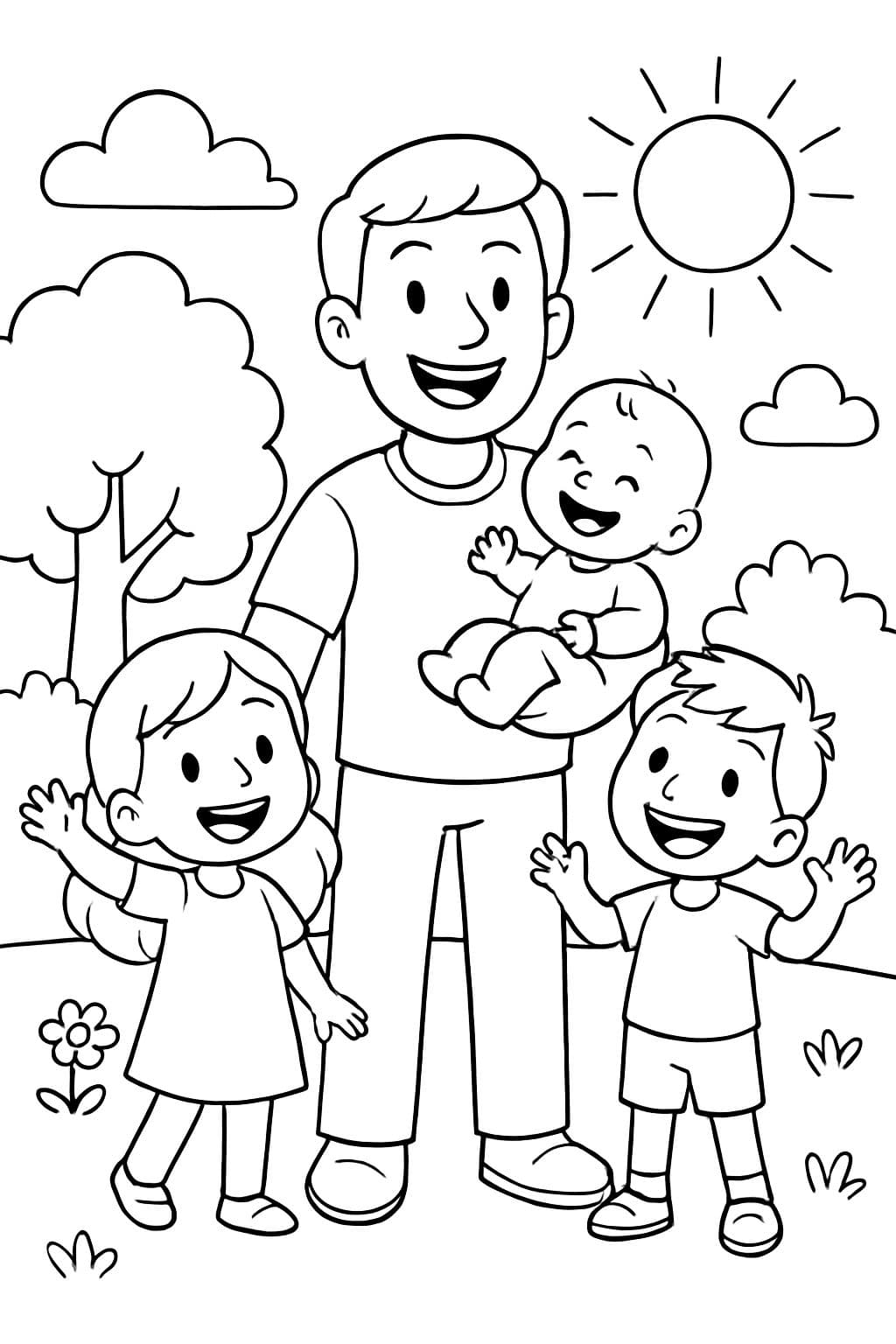 ein Papa mit drei Kindern, einem Mädchen, einem Jungen und einem Babyjungen