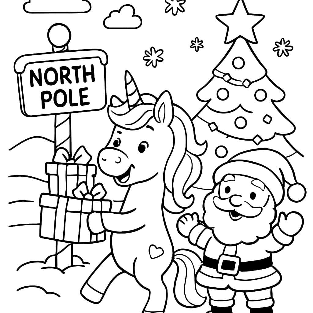 Un licorne tenant des cadeaux de Noël avec le Père Noël au pôle Nord.