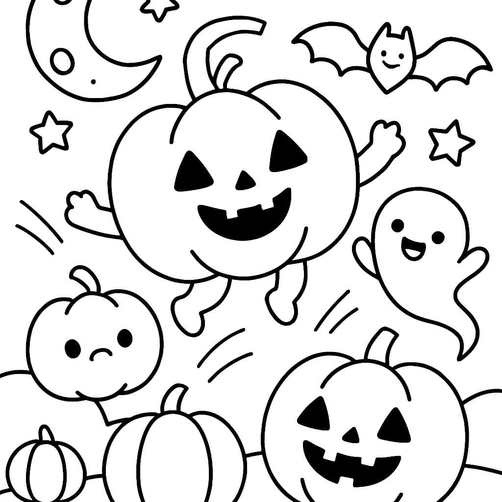 Kawaii Halloween mit Kürbissen, Geistern und Fledermäusen, alle mit niedlichen Gesichtern. Ein Mond und ein paar Sterne. Keine Menschen. Manche Kürbisse auch ohne Gesichter.