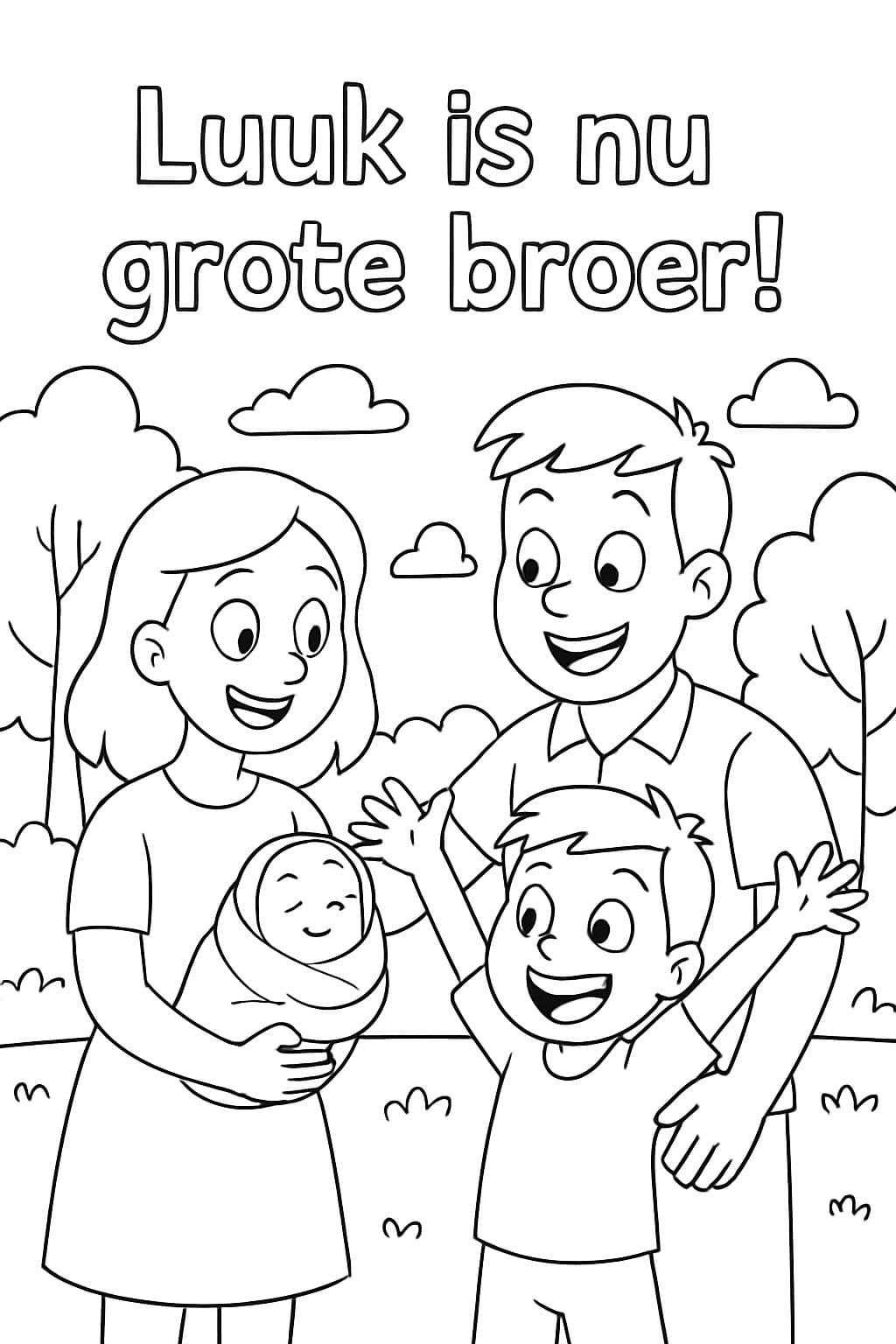 Une scène d'une famille : maman, papa et un garçon de 3 ans avec un nouveau-né. Le garçon est très excité pour son nouveau frère ou sa nouvelle sœur avec le texte au-dessus : Luuk est maintenant un grand frère !