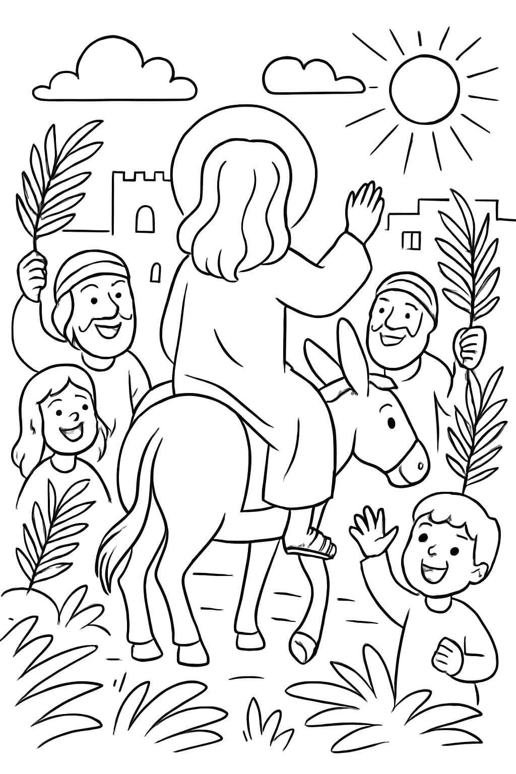 Jésus entre à Jérusalem le dimanche des Rameaux. Jésus n'est visible que de dos.