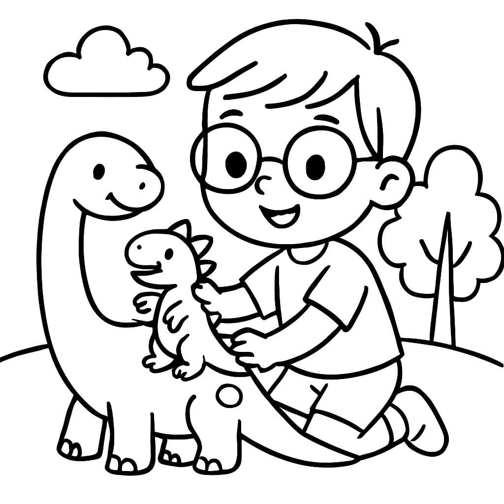 Un jeune garçon avec des lunettes jouant avec des dinosaures.