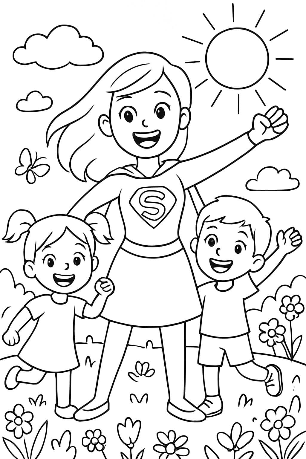 Mother with two children, Super-Mom, heroine, Mother's Day, nature, flowers, spring