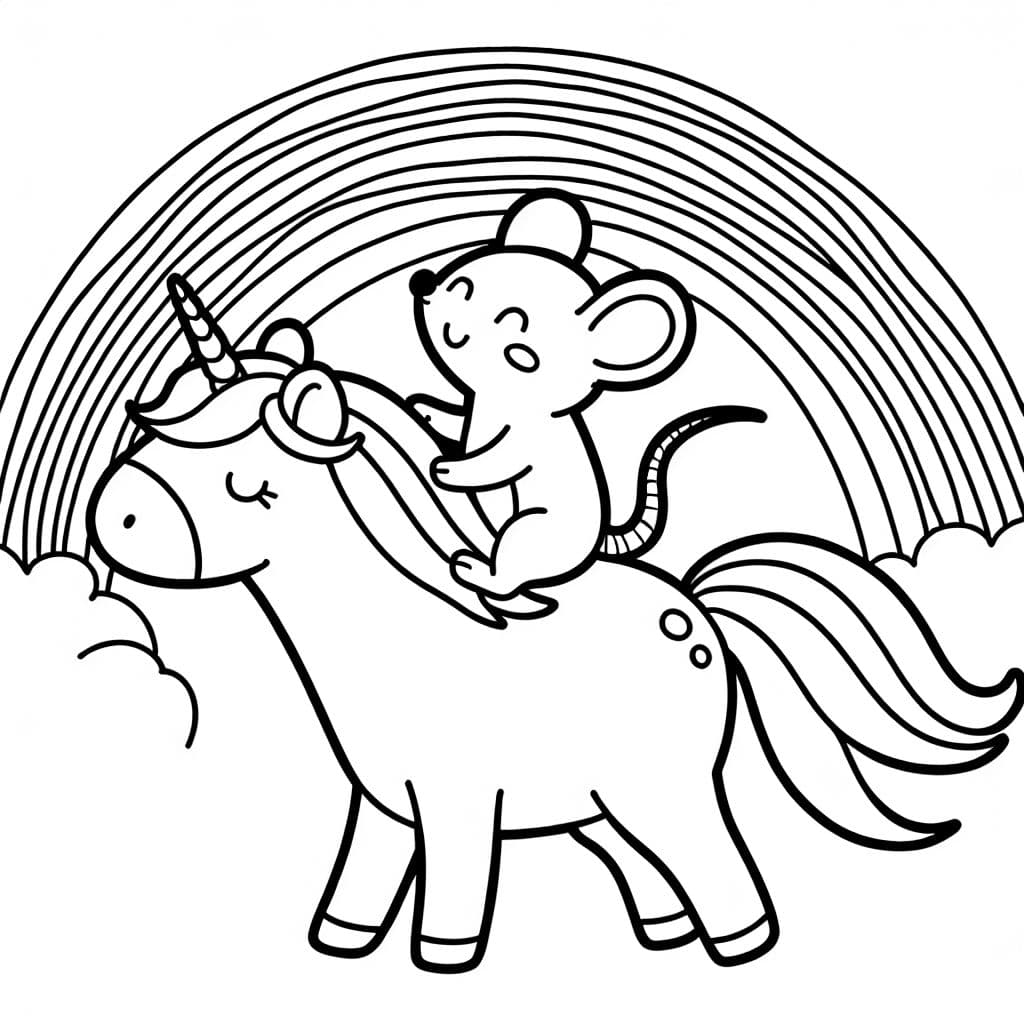 Eine Maus, die auf einem Einhorn reitet mit Regenbogen im Hintergrund
