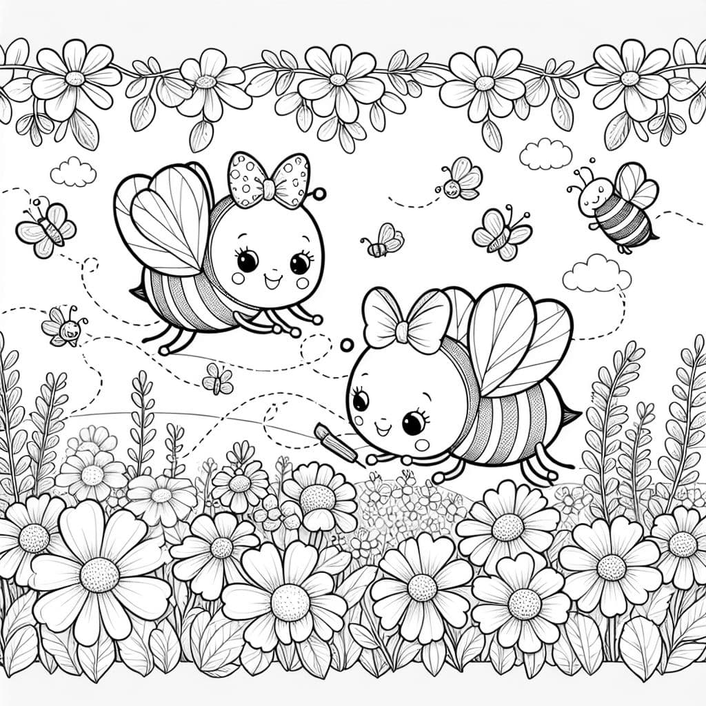 bees wearing bows flying over a field of wildflowers