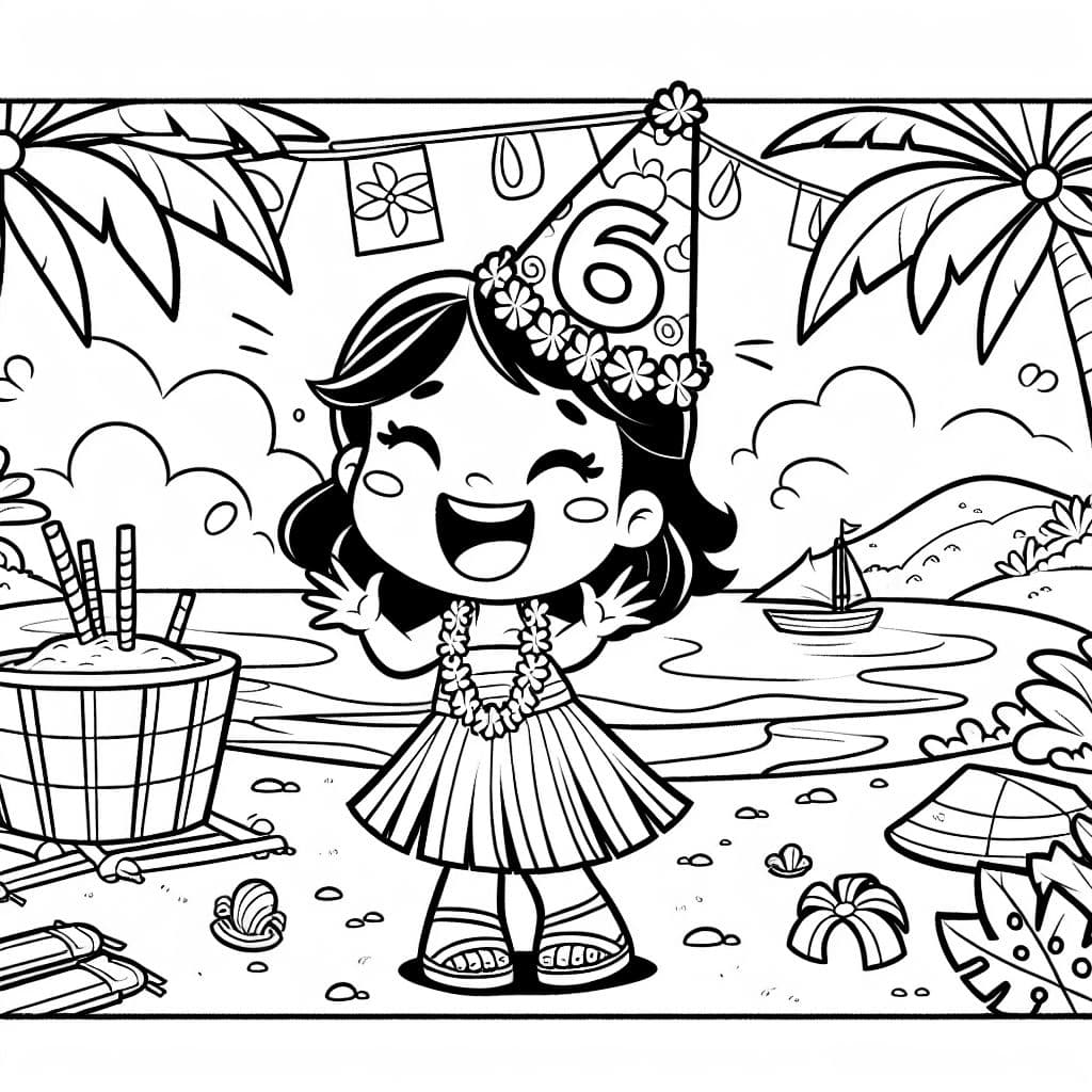 Fille d'anniversaire qui fête ses 6 ans sur le thème de Hawaii