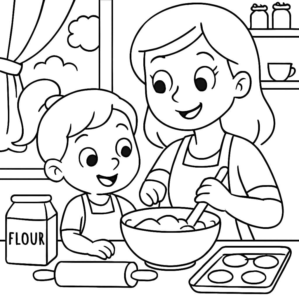 Maman et fille à l'intérieur de la maison en train de cuisiner.