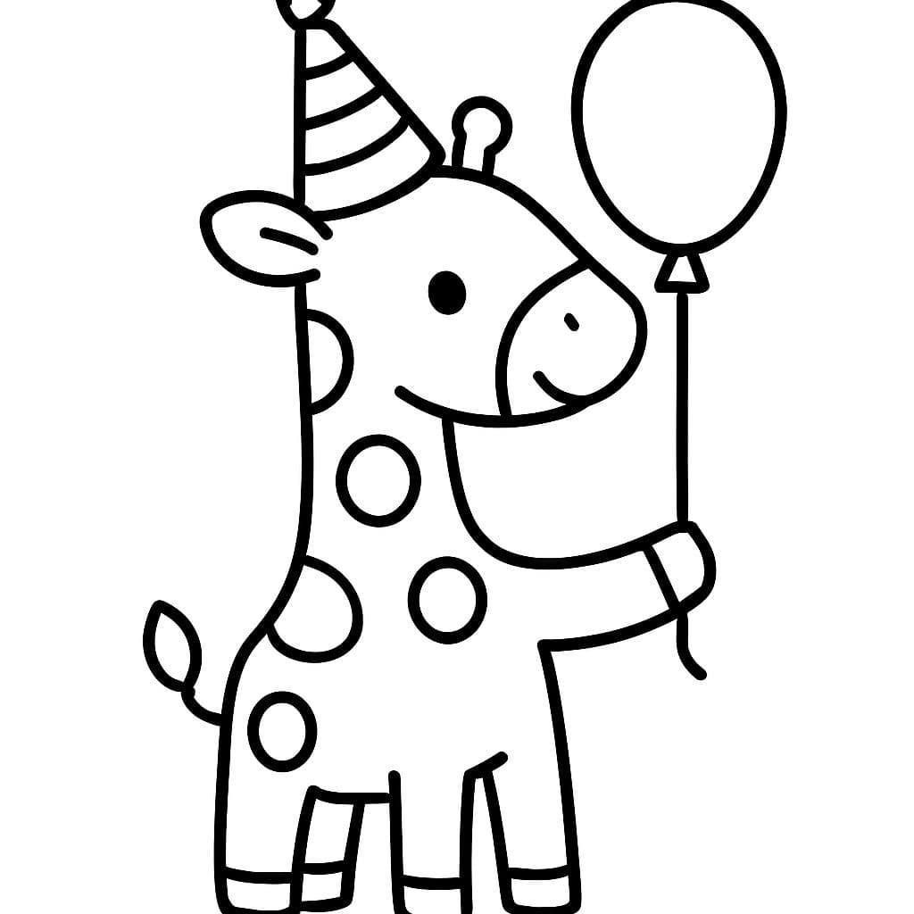 una jirafa con un sombrero de cumpleaños y un globo