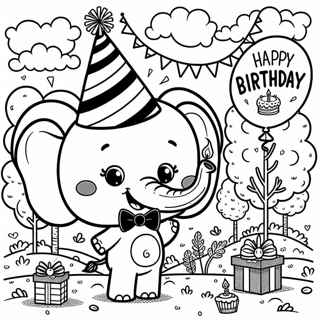 elephant with party hat saying happy birthday
