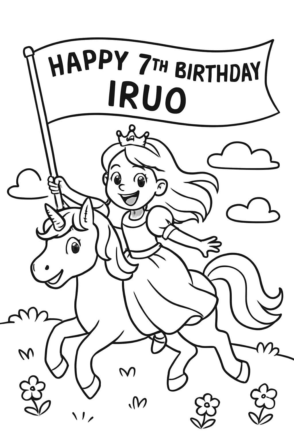 Princesa montando um unicórnio com uma faixa que diz "Feliz 7º Aniversário Iruo"