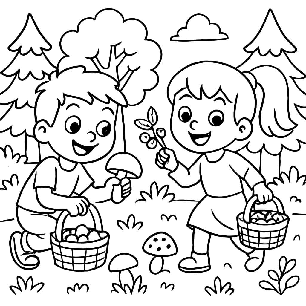un niño y una niña recogiendo setas y bayas en el bosque