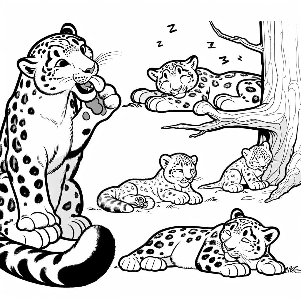 Familia de leopardos de las nieves. Papá se lame la pata. El bebé está durmiendo. La hermana mayor está acostada en el suelo. Mamá raspa un árbol.