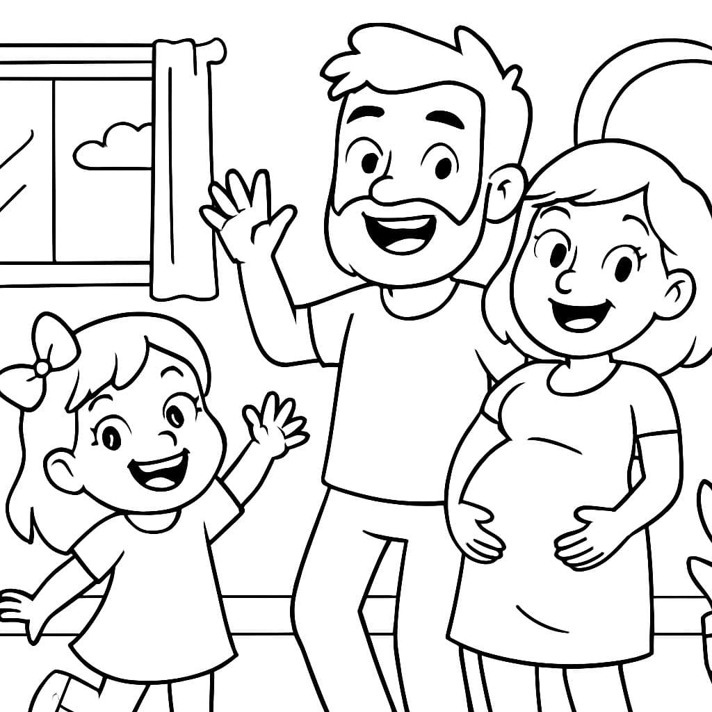 Familia en una casa, niña, papá con barba y mamá embarazada