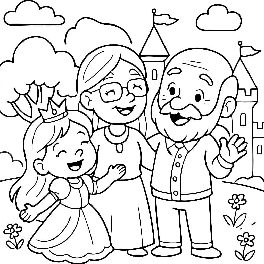 PRINCESSE ET SA GRAND-MÈRE AVEC DE LONGS CHEVEUX ET SON GRAND-PÈRE QUI EST CHAUVE AVEC UNE BARBE