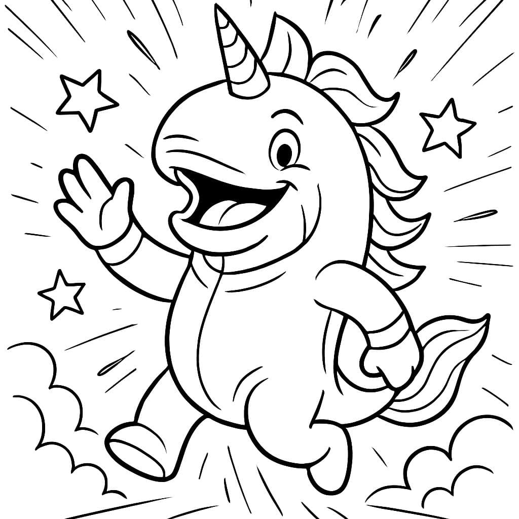 Una ballena en un disfraz de unicornio saludando