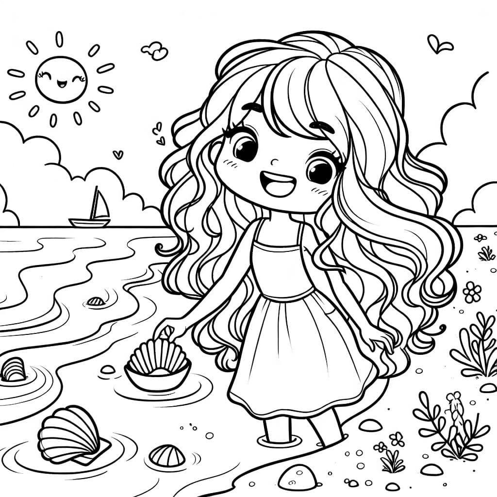 girl with long wavy hair at the ocean picking up a seashell