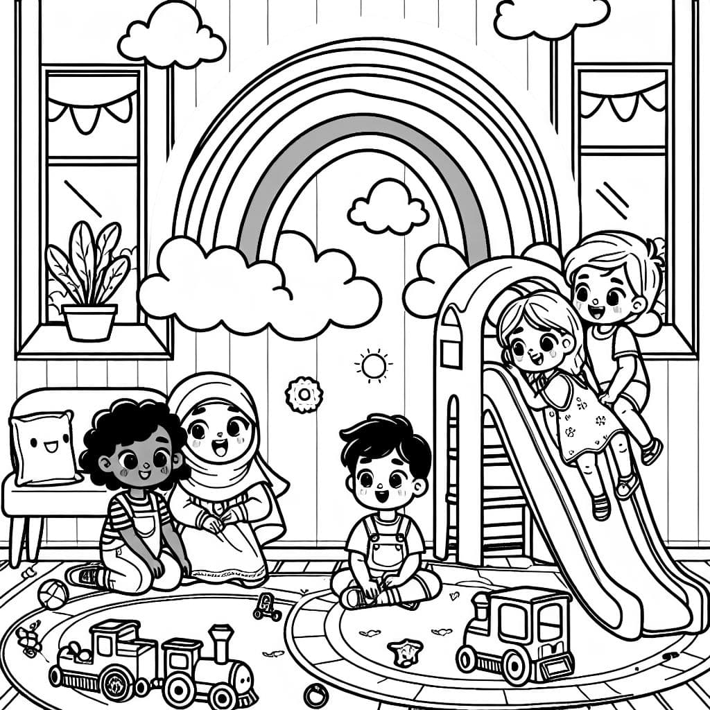 Children playing inside with toy trains, rainbows, slide, fun