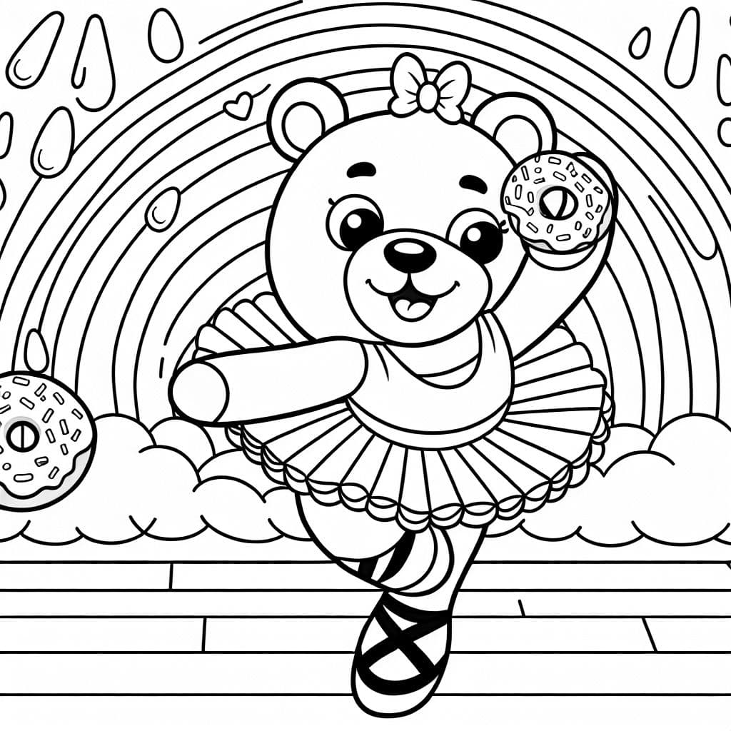 Una bailarina oso sosteniendo un donut con un arcoíris de fondo