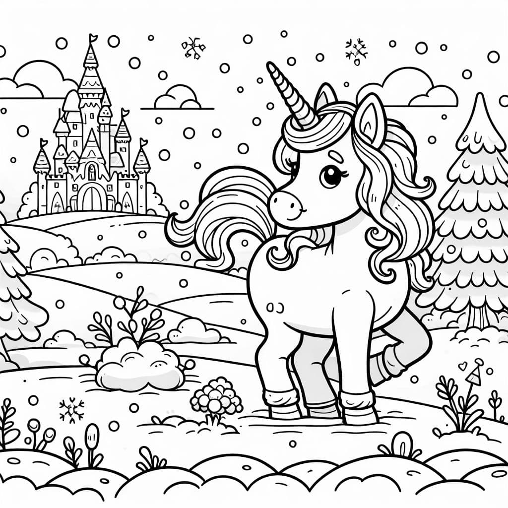 ein Einhorn. Das Einhorn steht auf verschneiten Feldern. Im Hintergruns ist ein Märchenschloss zu sehen.
