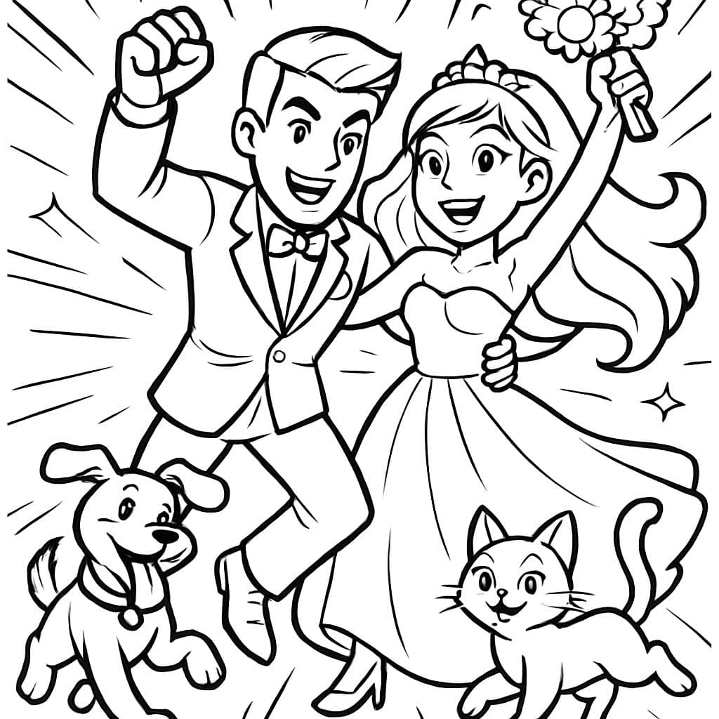 Eine Braut und ein Bräutigam mit einem Hund und einer Katze