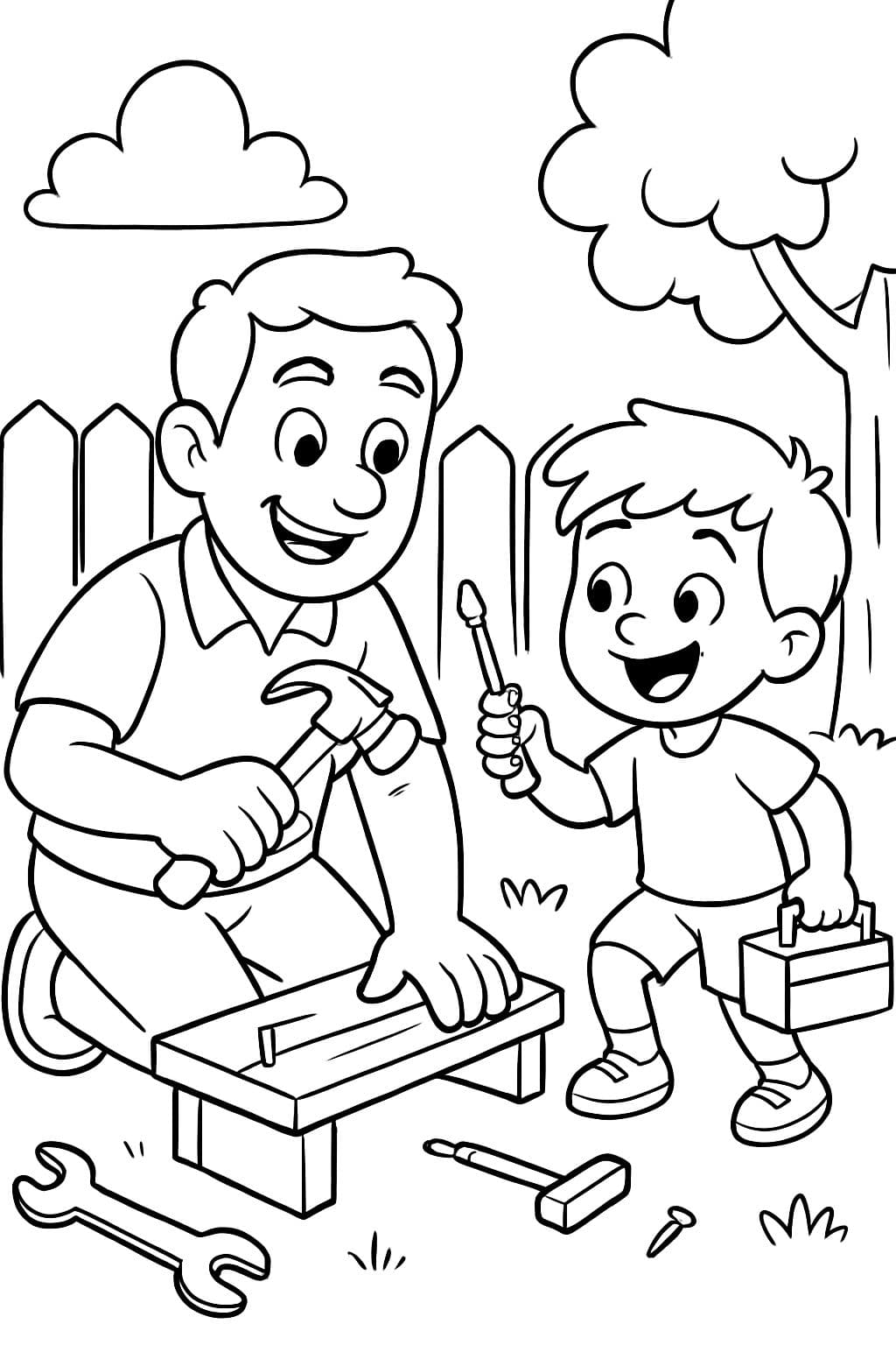 un abuelo joven, jugando con su nieto con herramientas de trabajo