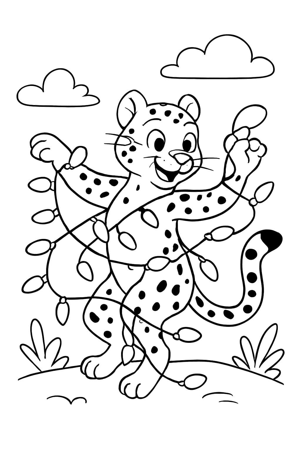 einen tanzenden Gepard mit verhedderter Lichterkette