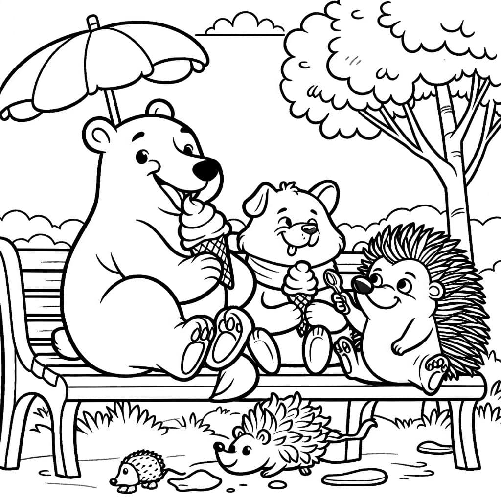 Un oso polar, un perro y un erizo están comiendo helado