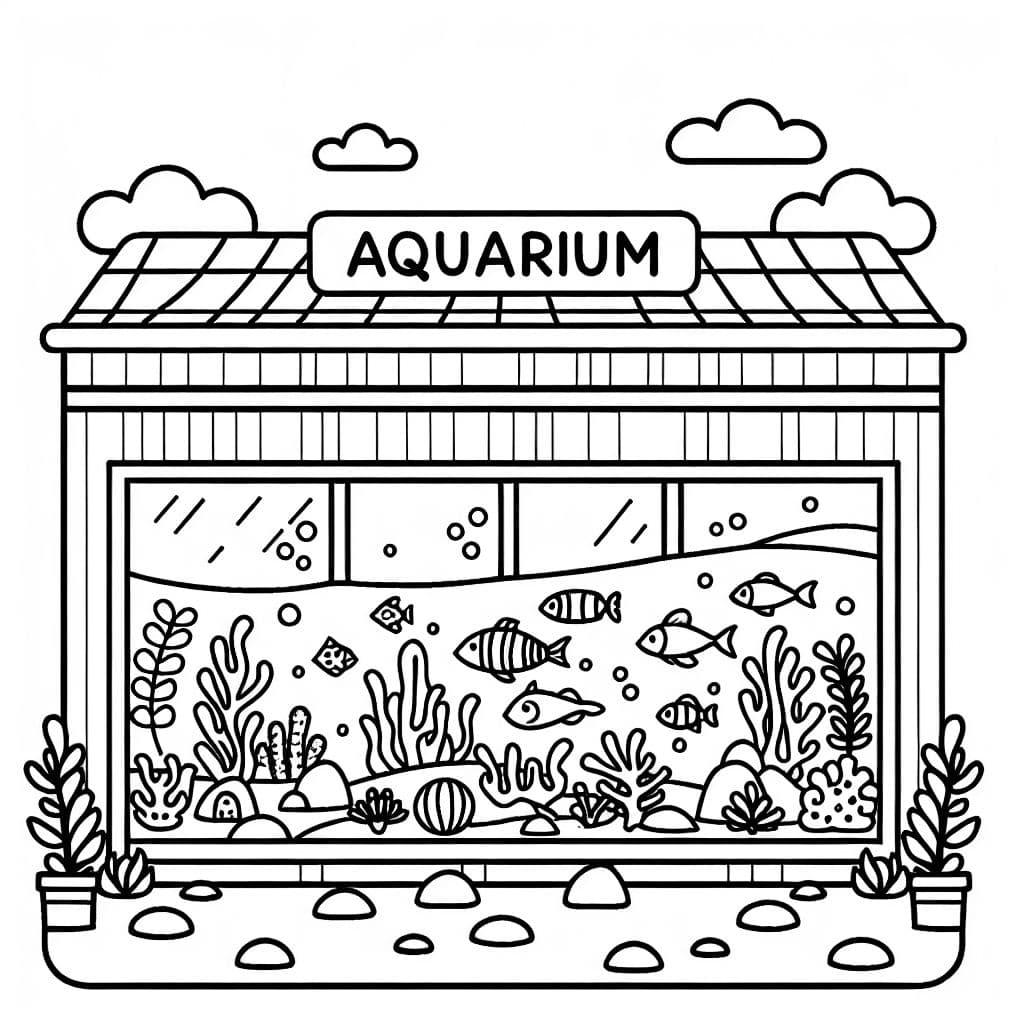 página para colorear simple con líneas negras gruesas de un acuario - Un edificio con un gran tanque de peces visible a través de la ventana y criaturas marinas. con elementos para que un niño coloree