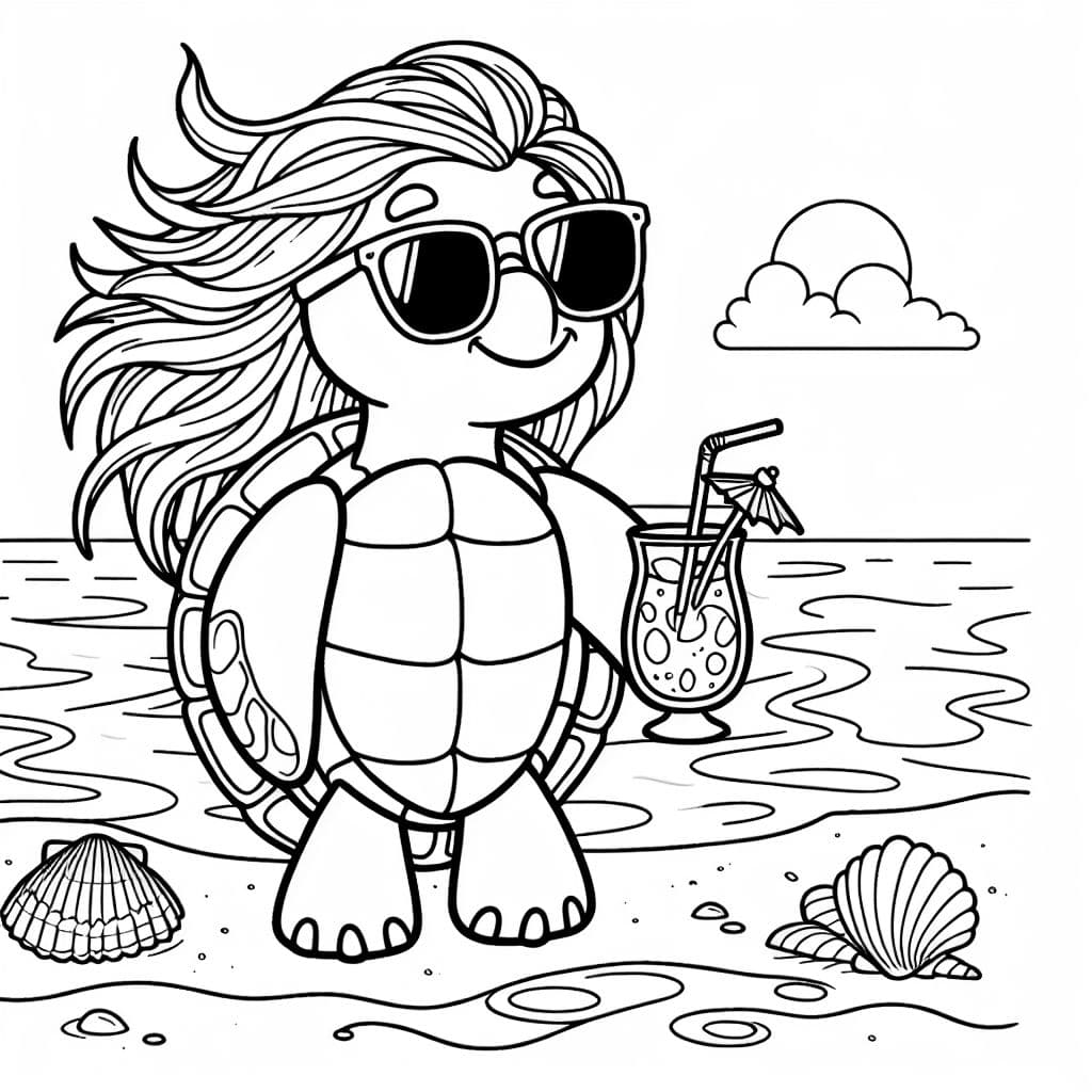 tortuga con pelo y un cóctel en la mano, en la playa, con gafas de sol