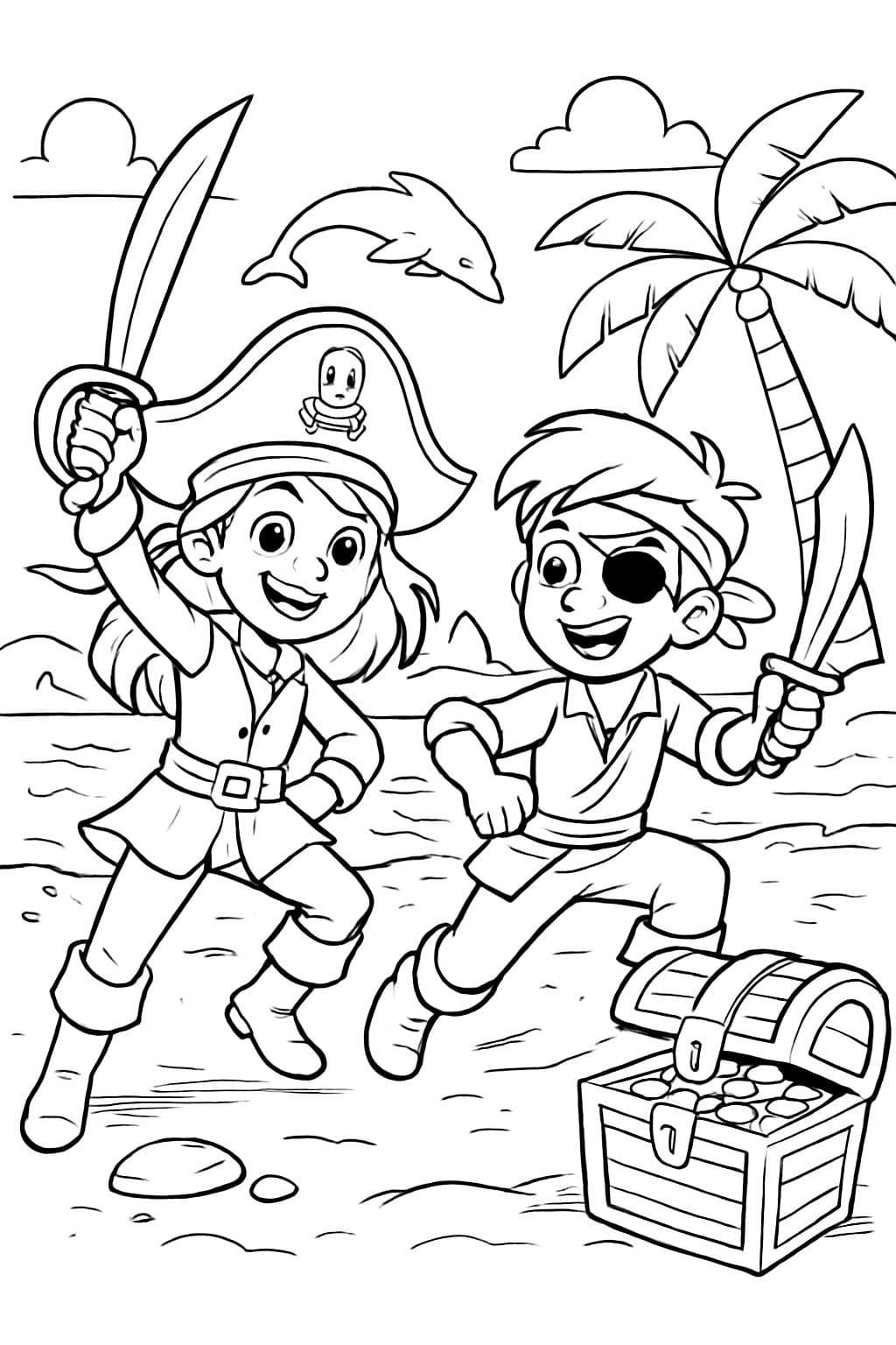 filles et garçons pirates sur la plage avec des dauphins en arrière-plan