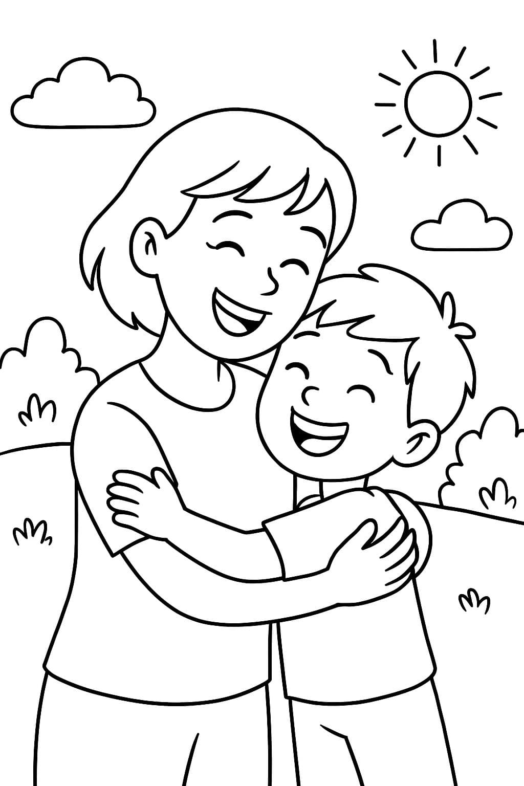 Maman aux cheveux courts, heureuse et aimante, étreignant son fils.