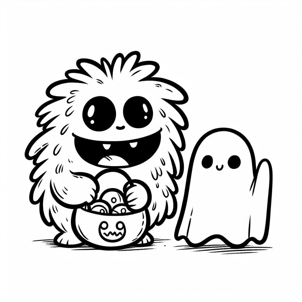 A silly fluffy monster trick or treating with a ghost