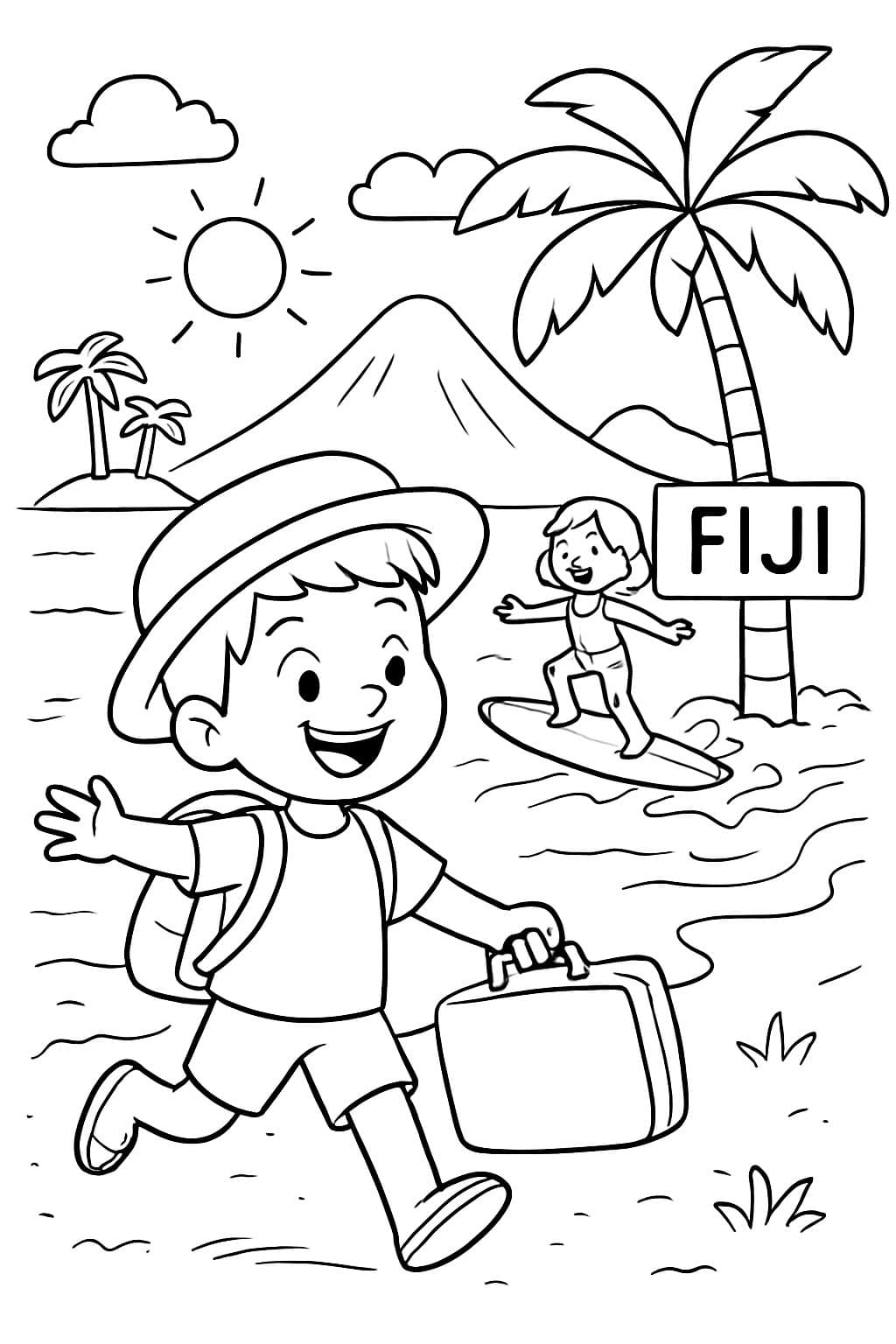 Jungenkind reist zu einem Strand in Fidschi und Aktivitäten.