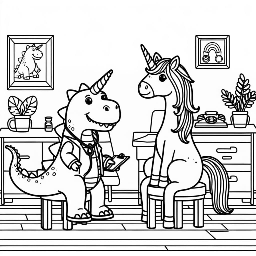 A dinosaur and a unicorn are patients in a doctor’s office