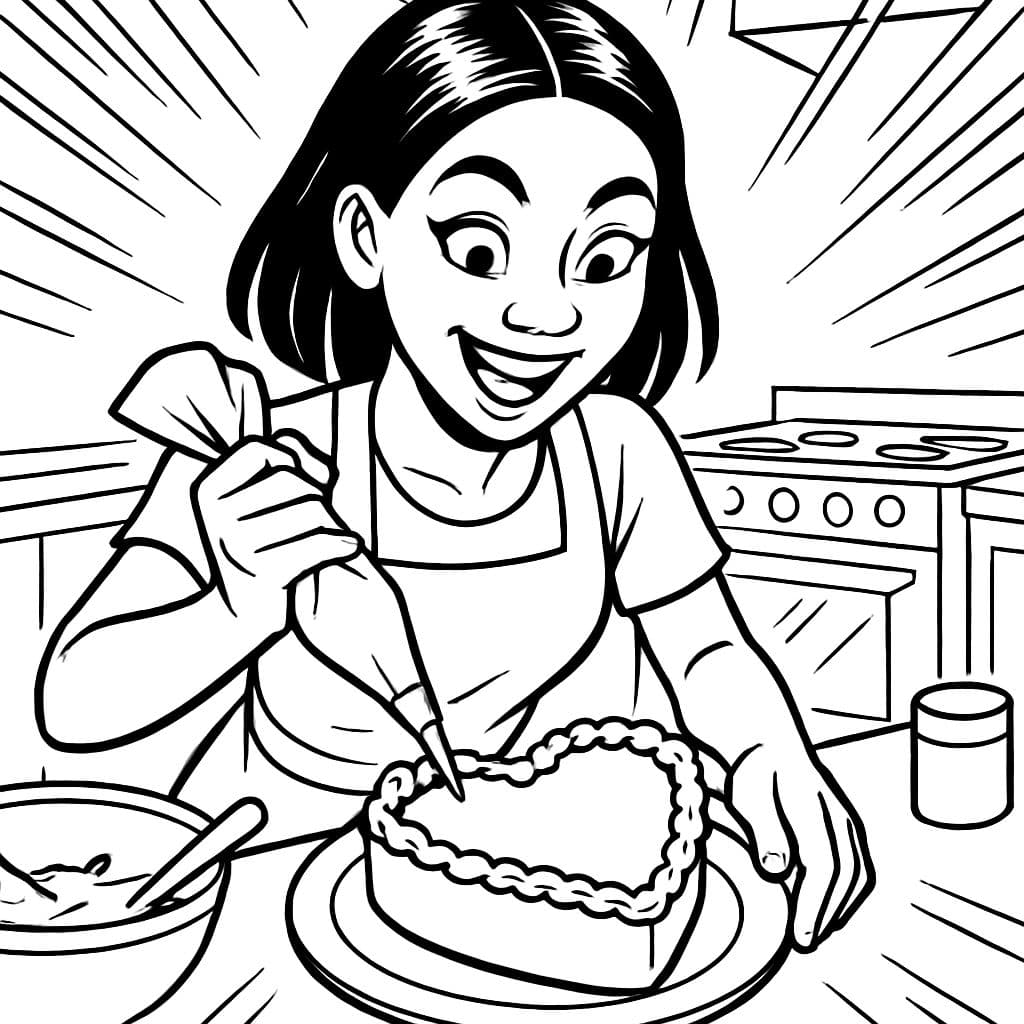 FEMME AFRICAINE AMÉRICAINE AVEC DES CHEVEUX LISSÉS ET UNE RAIE AU MILIEU EN TRAIN DE FAIRE UN GÂTEAU EN FORME DE CŒUR