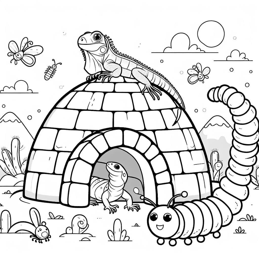 iguana in an igloo by an inchworm with insects