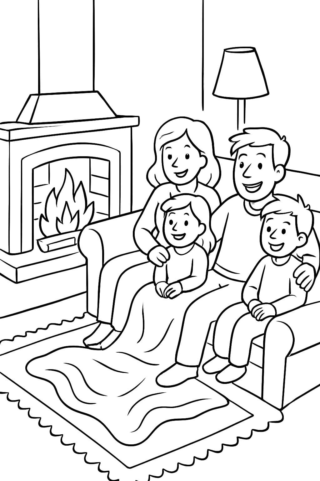 einen kamin im zimmer. davor liegt ein teppich und eine decke und ein sofa. auf dem sofa sitzen menschen und wärmen sich am feuer.