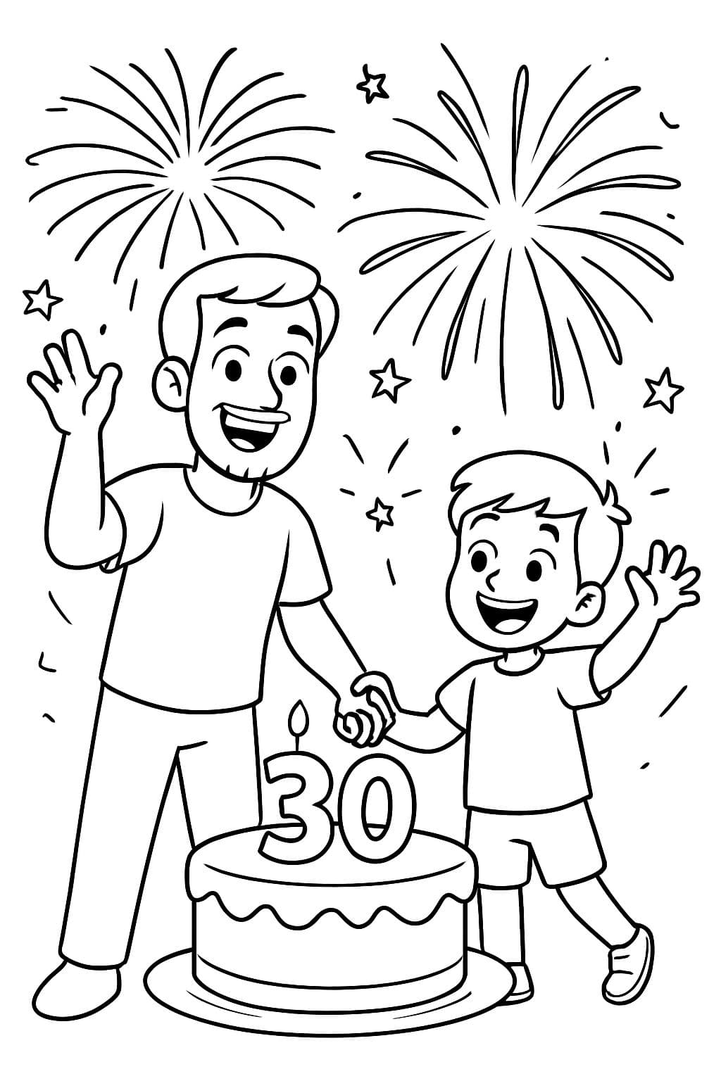 Uncle 30 year old and nephew 6 year old holding hands and celebrate 30th birthday with fireworks.