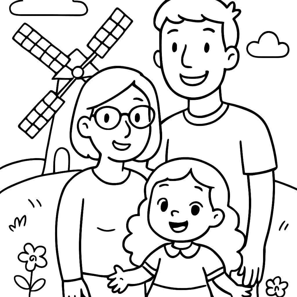 Uma família em frente a um moinho de vento holandês com uma mãe de óculos, um pai alto e uma menina de 3 anos com cabelos longos e cacheados.