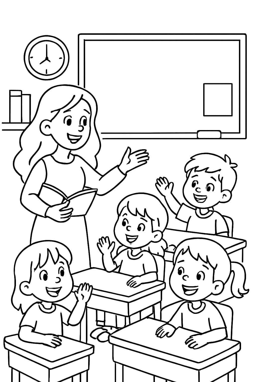 Eine Lehrerin mit langen Haaren, die lächelt und ihren Schülern in einem Klassenzimmer Unterricht erteilt.