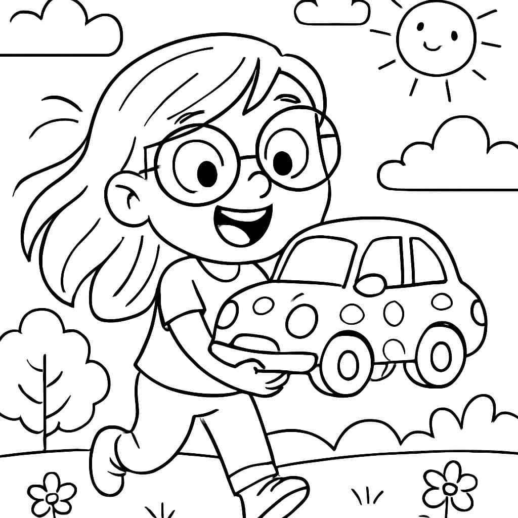 Une image d'une fille avec de longs cheveux et des lunettes tenant une voiture blanche avec des taches blanches.