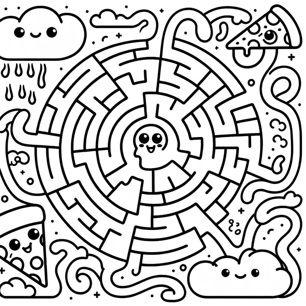 Un laberinto comienza con una rebanada de pizza y termina con una pizza entera con una rebanada faltante.