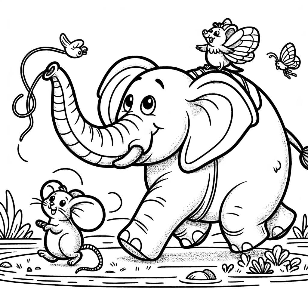 Un elefante montando un ratón es una escena divertida y poco común para colorear. Los niños pueden liberar su creatividad.
