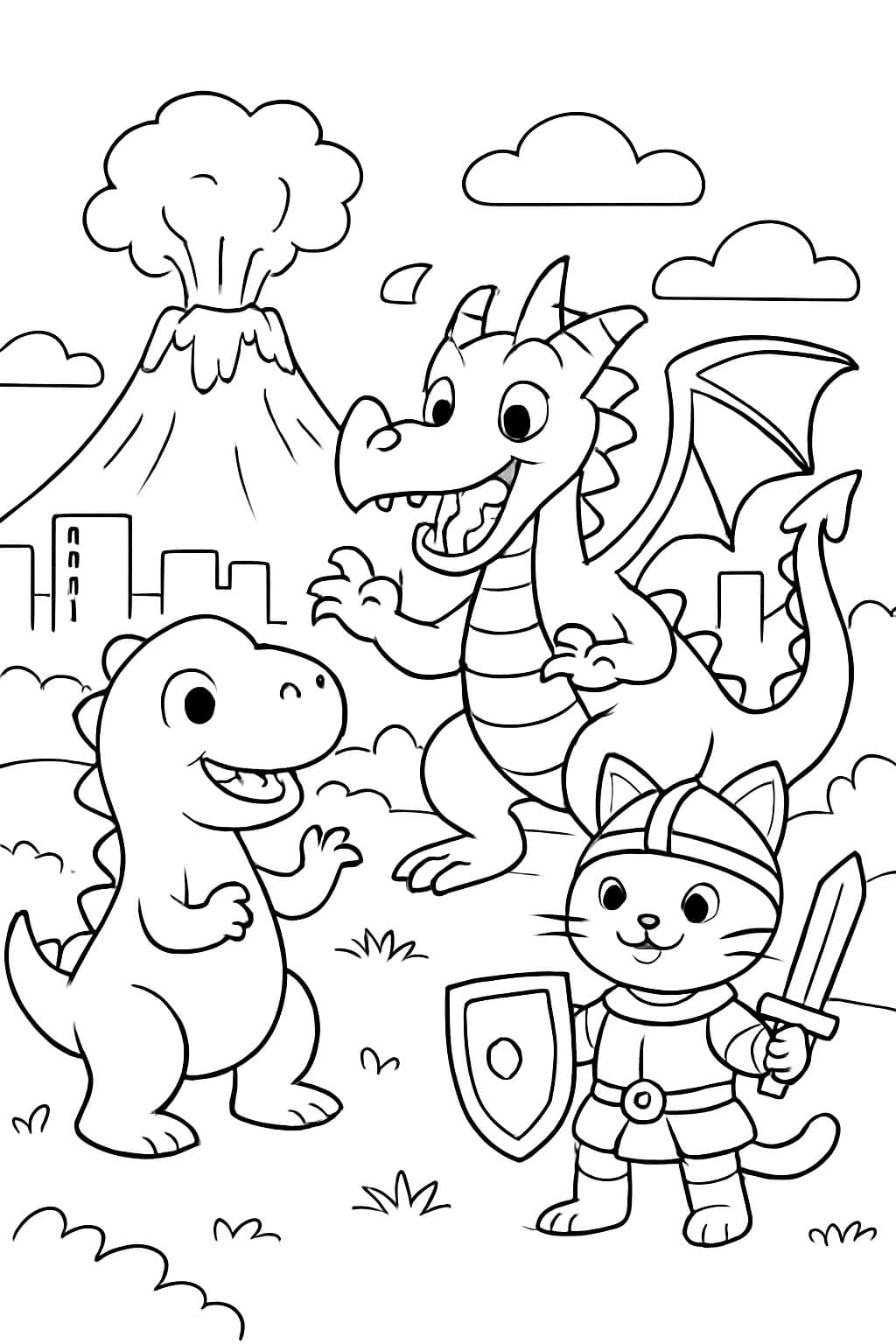 Um dinossauro muito fofo briga com um dragão, um grande gato com armadura aparece e há um grande vulcão ao fundo e uma paisagem de Nova York.