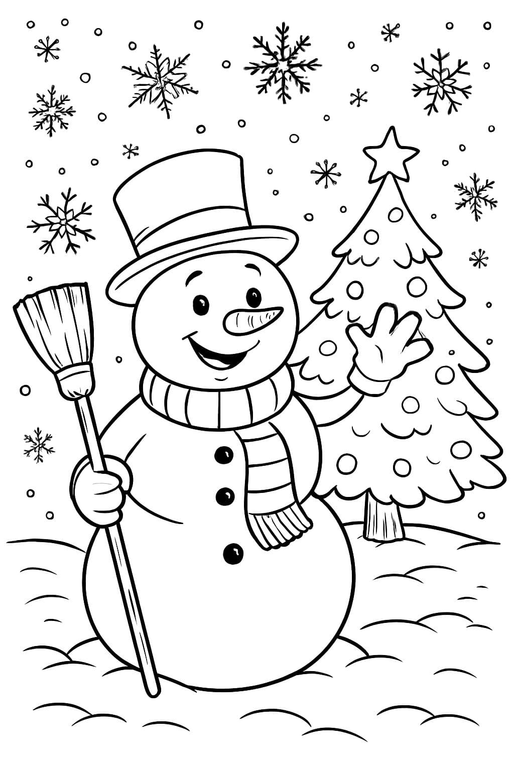 Noël, bonhomme de neige heureux avec un chapeau et un balai, sapin de Noël et flocons de neige,