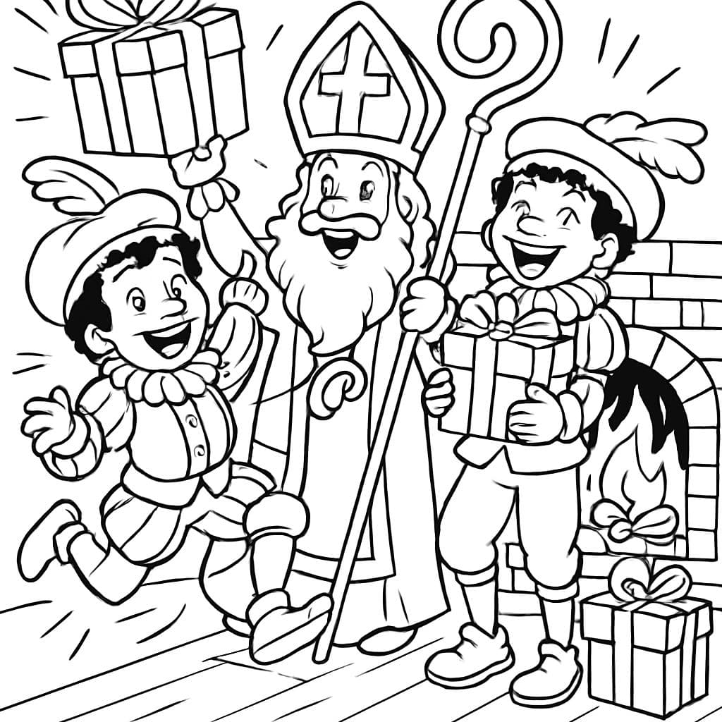 Sinterklaas et les aides avec des cadeaux près de la cheminée joyeuse