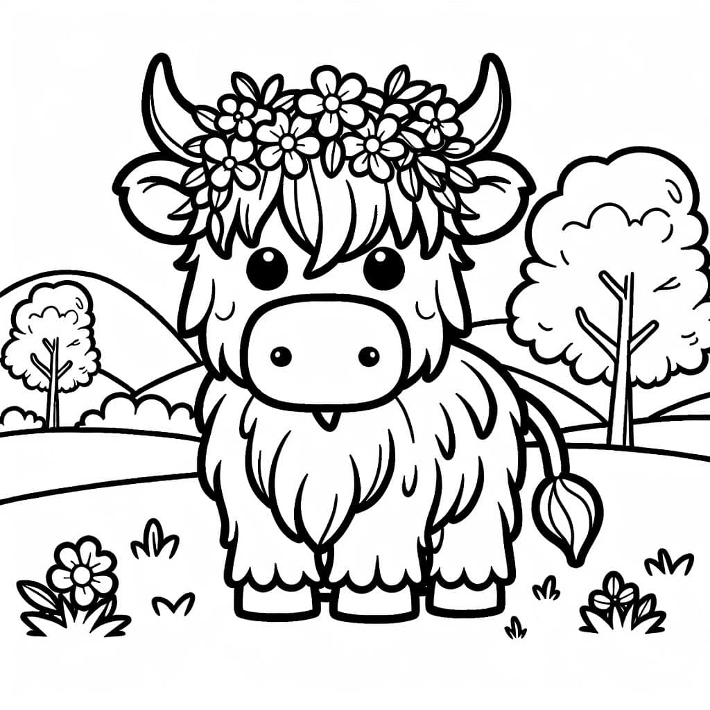 Vaca de las Tierras Altas con una corona de flores