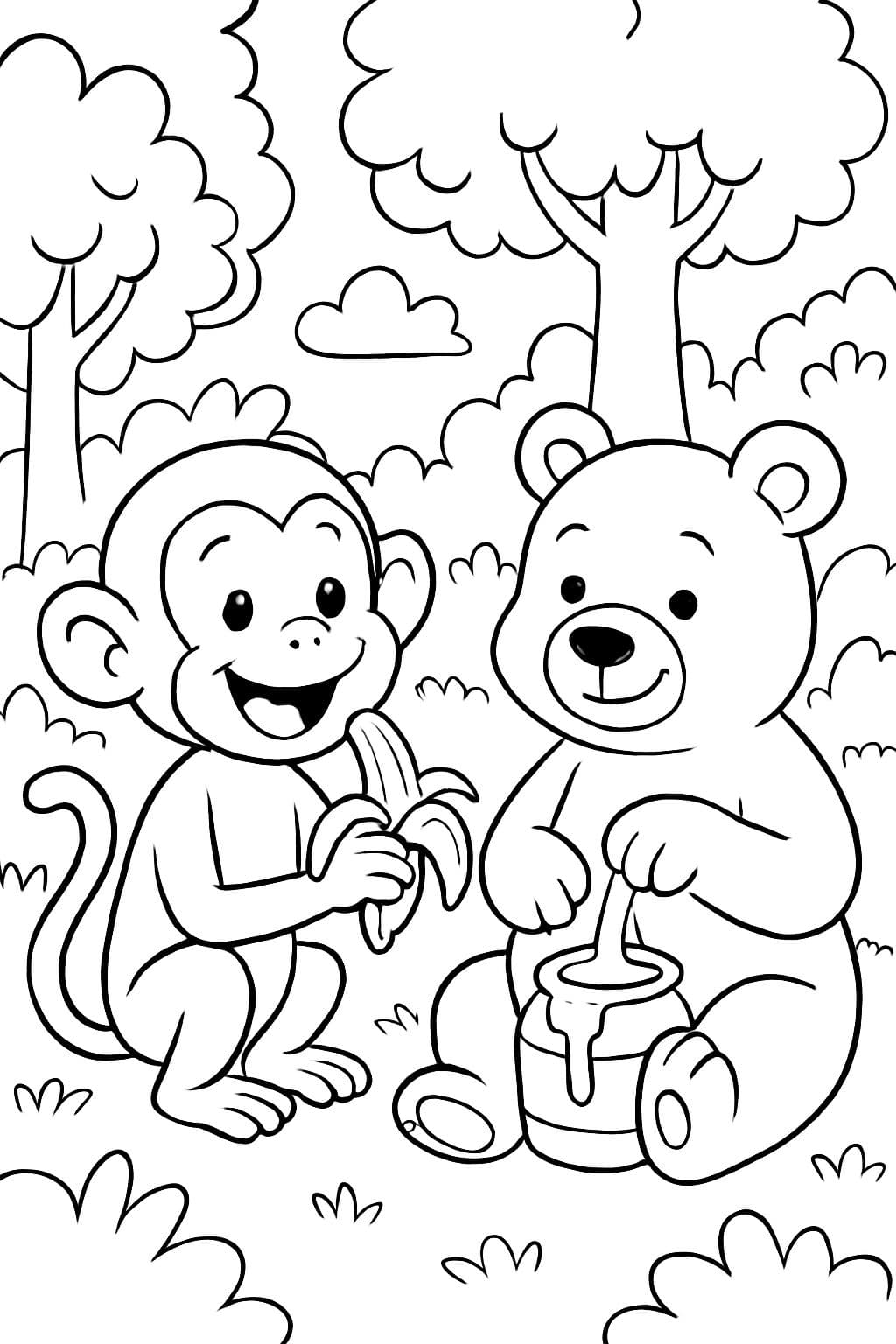 Affe, der in einem Wald eine Banane isst, während ein Bär Honig isst.