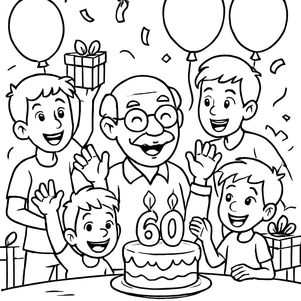 60 cumpleaños del abuelo con pastel, regalos y globos. En la imagen, el abuelo está con sus 3 nietos (de 13, 10 y 6 años)